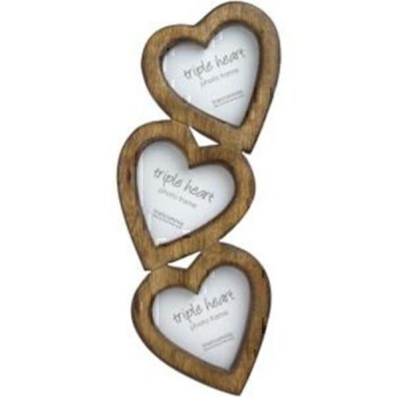 Triple Heart Shaped Wooden Photo Frame by Transomnia. Wooden picture Frame of 3 heart. Would make a great wedding gift, New Baby Gift or New Home Gift. Holds 3 photos 10x10cm Size 36x20x2cm